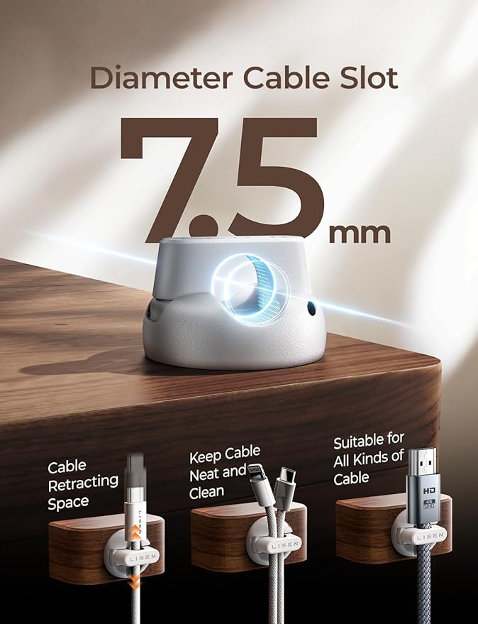 LISEN Cord Holder 8 Pack Magnetic Cable Clips Organizer, for Nightstand [Smooth Adjustable] Adhesive Organizer for Cords Under Desk for Home Office Desk Car Wall Desktop Nightstand-White