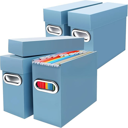 File Organizer Box with Lid & Handle, Heavy Duty Hanging File Folder Storage Boxes for Letter Size, Portable Filing Organizer for Office, Home, Classroom, Dusty Blue 4 Pack