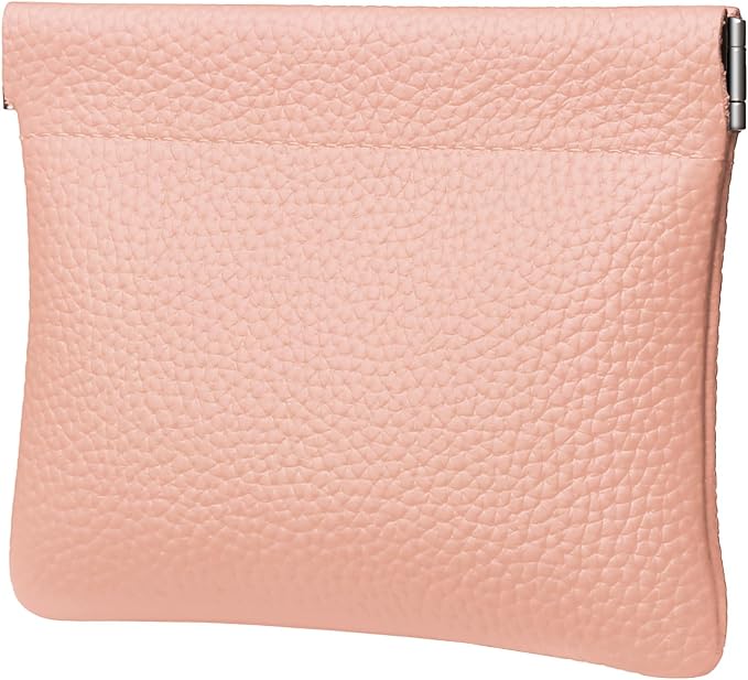 Genuine Leather Squeeze Coin Purse Pouch Change Holder For Men & Women Mini Change Purse Pouch for Pocket, Small Pouch Credit Card Key Headset Lipstick Holder (Pink)