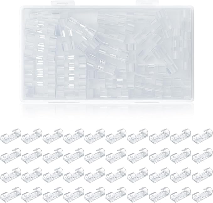40-Pack Clear Adhesive Cable Clips (M Size) – Strong Transparent Wire Holders for Wall, Desk, Car, and Indoor/Outdoor Light Management