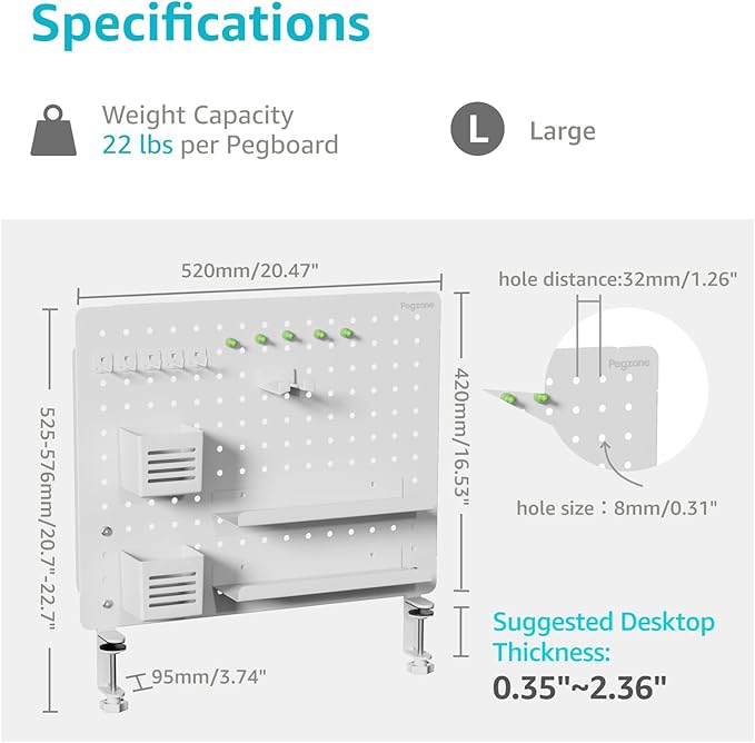 Clamp-on Desk Pegboard, Desk Organizer for Office Gaming Home, Magnetic Metal Peg Board with 15 Accessories, Privacy Panel for Office, 20.4" x 16.5", Large, White