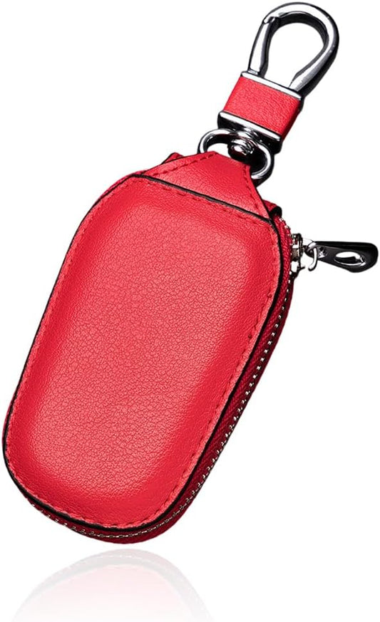 Wevdn Car Key Case, Genuine Leather Auto Smart Key Fob Holder with Metal Hook, Anti Scratch Automotive Key Protector Key Chain Zipper Bag for Remote Key Fob, Car Accessories (Red)