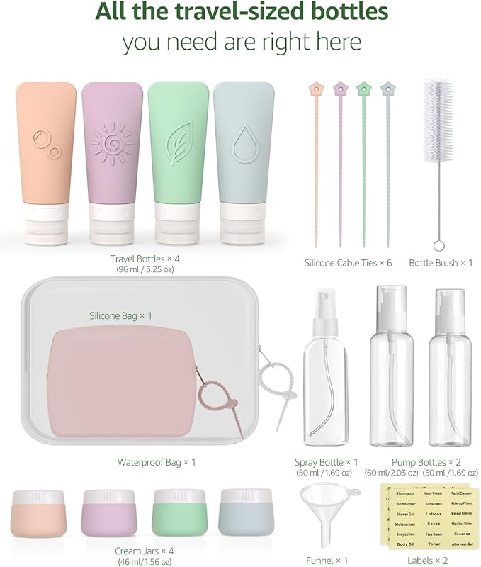 23-Piece All-in-One Silicone Travel Bottles Set – TSA Approved Leakproof Toiletry Kit with Double Bags, Flat Easy-Squeeze Bottles with Tactile Icons, Cream Jars, Pump & Spray, Cleaning Brush