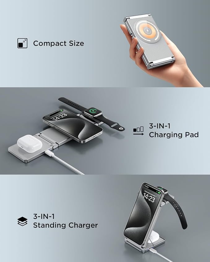 Magnetic Charging Station,Hohosb 3 in 1 Foldable Zinc Alloy Wireless Charger Stand[Compatible with Magsafe Charger] for iPhone 15/14/13/12 Series,AirPods Pro/3/2,Apple Watch/iWatch(Titanium Grey)