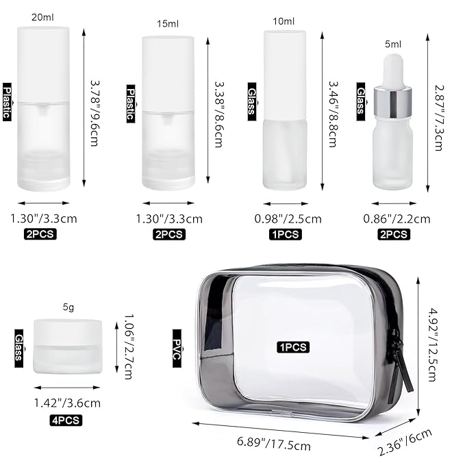 Travel Bottles for Toiletries,14pcs,Toiletry Bag,Airless Pump Bottles,Dropper Bottles,glass jars,Spray bottle,Leak Proof&Refillable,TSA Approved