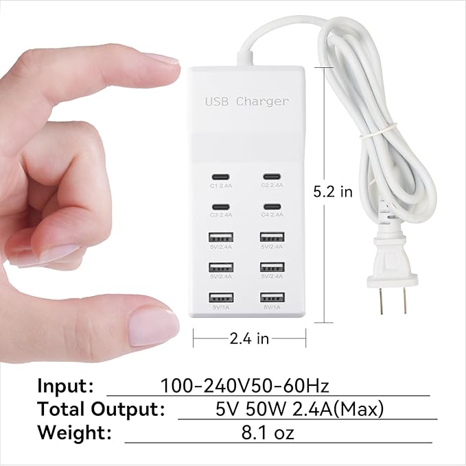 USB Charging Station with 6 USB-A & 4 USB-C Ports, 50W 10A USB Charger Block for Multiple Devices -USB Power Strip with Auto-Detect Technology (2 PCS)