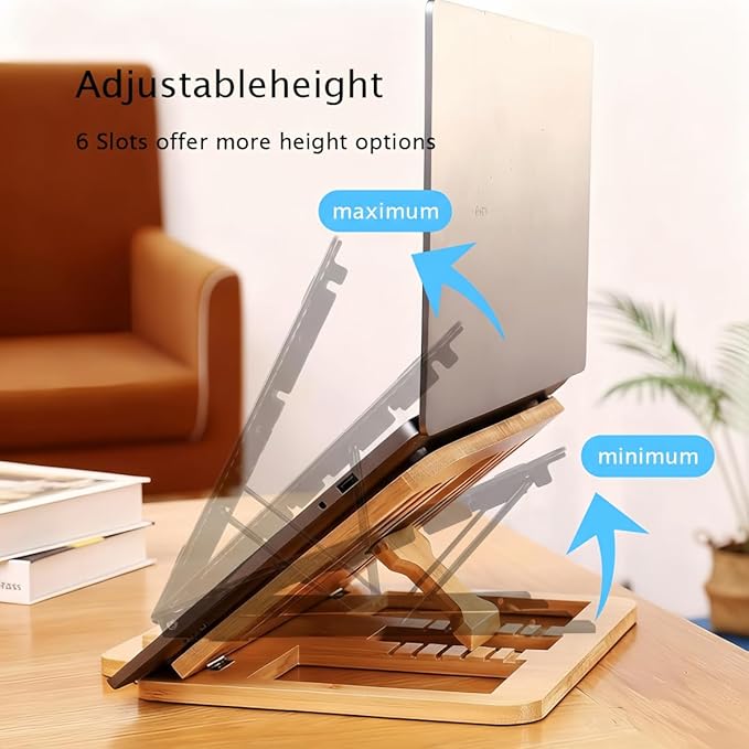 Bamboo Foldable Laptop Stand Holder, 6-Level Adjustable Ergonomic Notebook Riser with Heat Dissipation for 10-17 Inch Laptops, MacBook, Tablet