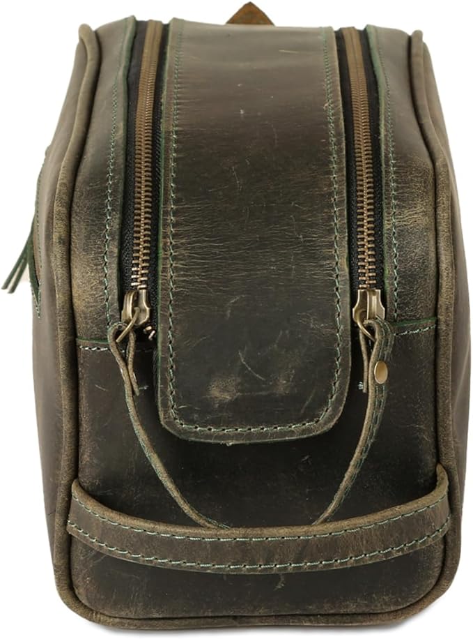 KomalC Leather Toiletry Bag for Men & Women – Handcrafted Travel Grooming Kit with Water-Resistant Lining and Secure Zipper Closure