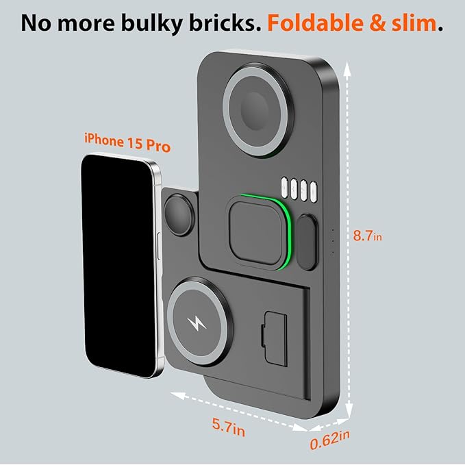 Dual Phone Magnetic Wireless Charging Station for Apple Devices/Apple Ecosystem, 7-Color Auto Light & 12H Clock, Multi-Device Charger for iPhone 17/16/15, for iWatch 11/10/9 & AirPods Pro3(Black