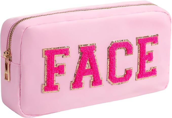 Purse Makeup Bag with Glitter Chenille Mini Brush Bag Travel Size Toiletry Bag for Women Small Cosmetic Pouch for Travelling Women (M,Pink-Face)