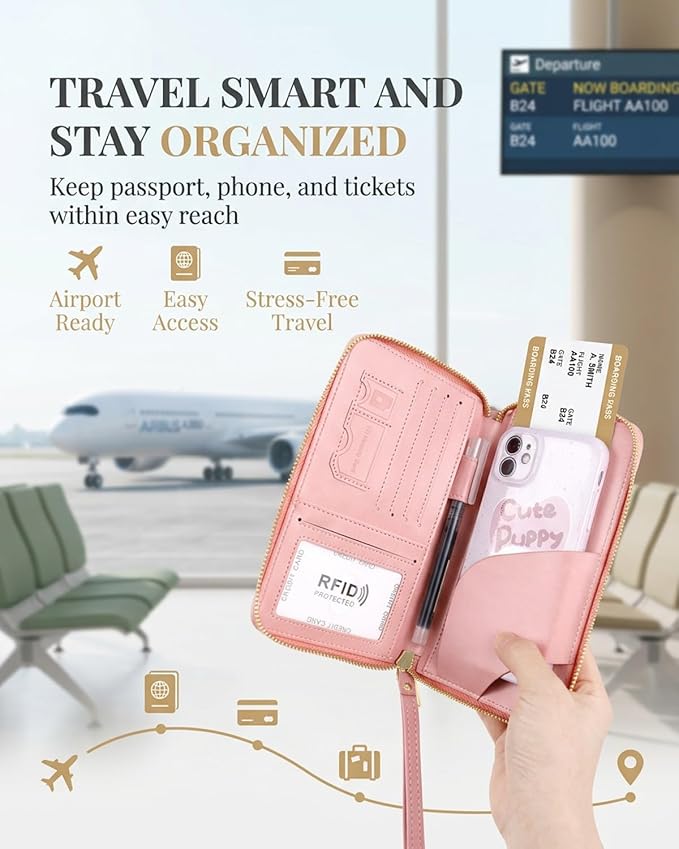 RFID Blocking Wallet for Women Men Cash Travel Passport Holder Family PU Leather Phone Document Organizer Case Cover Pouch with Lanyard Zipper Boarding Pass Id Card Pocket(Peacock Blue)
