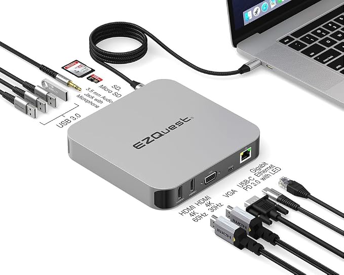 USB C Hub Docking Station 12 in 1 with 2 HDMI 4K 60HZ /30Hz, VGA, 1 Gbit Ethernet, 4 USB-A 3.0 Ports, SD, Micro SD, PD 3.0 and Audio Port - for All Computers with USB-C/Thunderbolt Ports