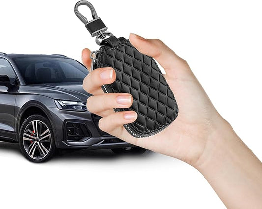 Key Fob Cover with Keychain, Key Fob Holder, Anti-Scratch Bag with Zipper, Leather Keychain Case Holder Fit Remote Key (Black)