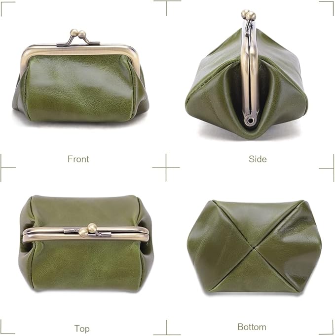 Genuine Leather Mini Vintage Coin Purse Kiss Lock change purse Cute Coin Purse Coin Organizer (Green)