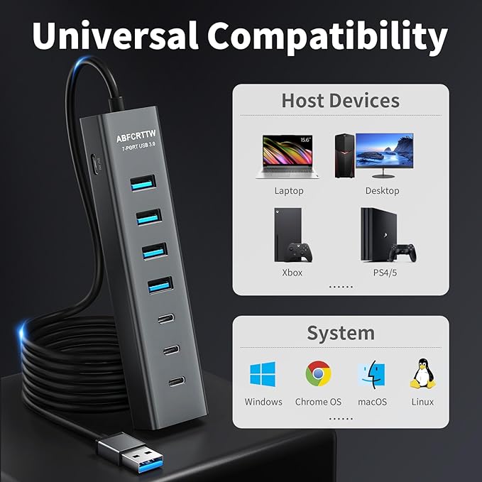 6Ft 7-Port USB Hub 3.0 for Desktop, 4 USB-A & 3 USB-C Ports Aluminium 5Gbps USB Extender Hub, USB Splitter, USB Hub Long Cable for Desktop, PC, Flash Drive, Mobile HDD SSD, Windows/XPS