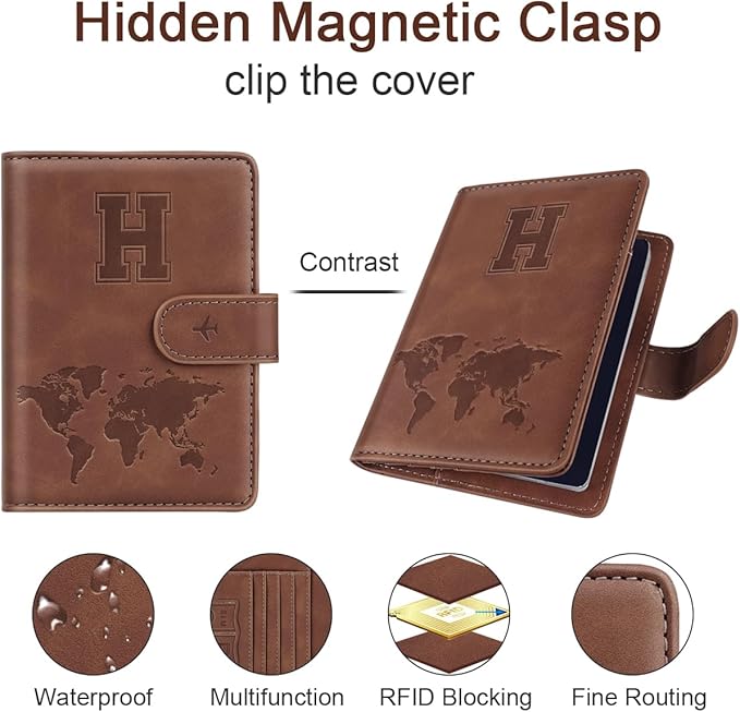 Passport Holder Wallet Cover Personalized Letter A-Z Travel Wallet RFID Blocking Passport Cover Wallet Case for Travel Passport Book Holders for Women and Men, Brown-H