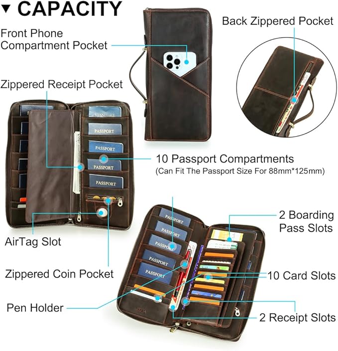 CONTACTS Family Passport Holder for 10 Full Grain Leather Compatible with Airtag Passport Holder for Family Travel Document Organizer Multiple Rfid Blocking Passport Wallet