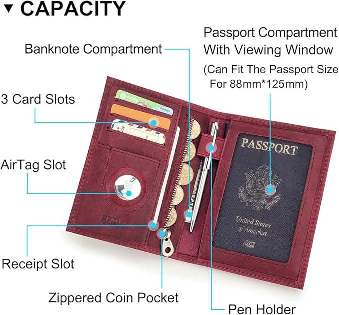 CONTACTS Full Grain Leather Passport Holder RFID Blocking Travel Passport Wallet Compatible with Airtag Passport Cover Case with 4 Cards Slots, Coin Pocket (Wine Red)