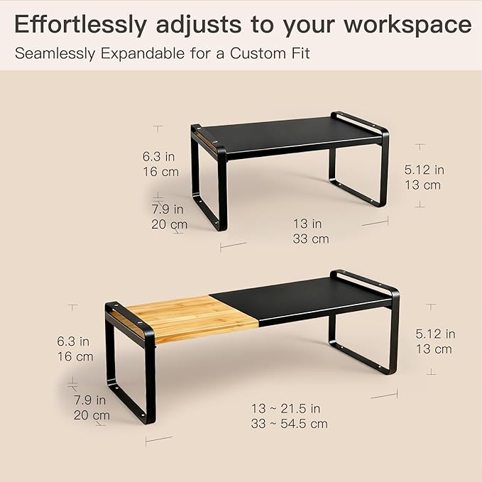 Expandable Desk Shelf Organizer, Sturdy Bamboo Desktop Riser for Monitor, Laptop & Office Storage, Modern Workspace Stand Accessories (Black)