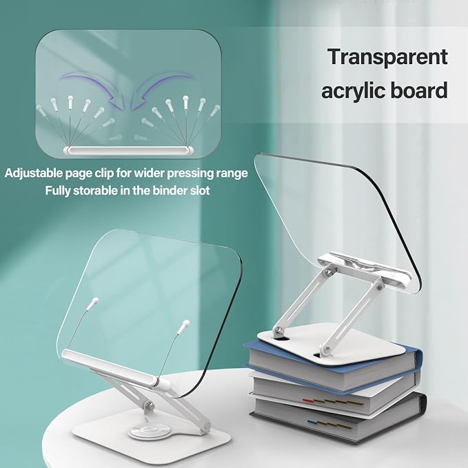 BYMECOST Acrylic Book Stand for Reading, Adjustable Book Holder with 360° Rotating Base & Elastic Page Clips, Foldable Desktop Riser Stand for Cookbook,Laptop,Tablet,Music Scores,Recipe,Textbook,Black