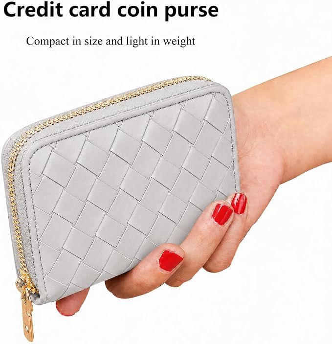 Ladies change card bag, zip storage bank card case, small portable 11 large capacity pouch, holds banknote change credit card(Braided pattern grey)