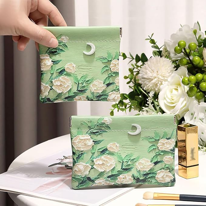2 PCS Small Leather Cosmetic Bag for Purse - Mini Makeup & Coin Organizer Gift Set for Women - Snap Closure Travel Pouch for Lipstick, Keys, Charger Cable, Coins (Roses Under the Moon)