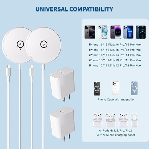 Magnetic Wireless Charger for iPhone,2 Pack Apple Magsafe Charger 10FT Long Fast Charging Pad iPhone Wireless Charger with USB C Charging Block for iPhone 17 Pro Max/17e/17Air/16 Pro/15/14/13/Air-Pods