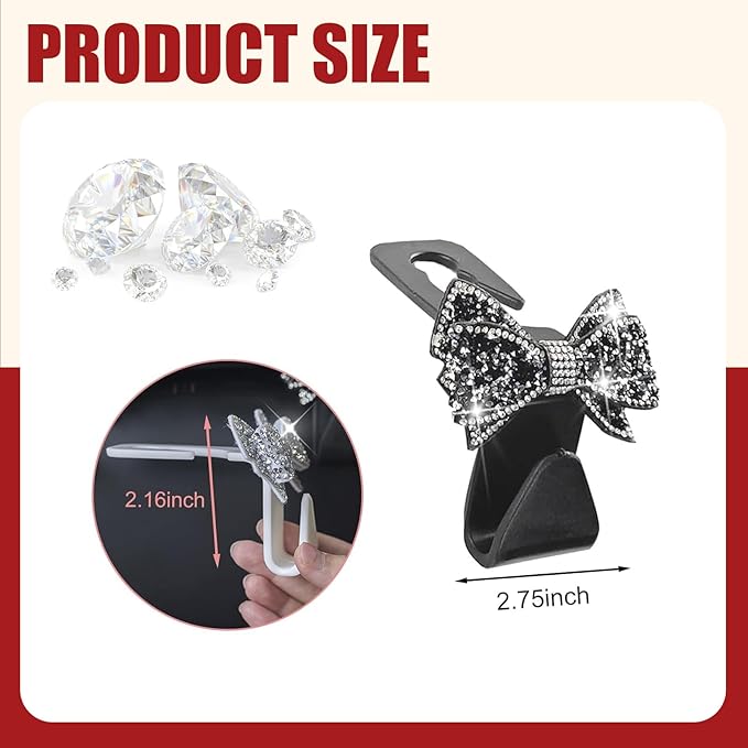 2 PCS Bling Bow Car Headrest Hook, S Type PVC Seat Back Hanger for Purses Bags Grocery, Sparkling Rhinestone Car Seat Hook Storage Decor, Universal for Most Vehicles (Black)