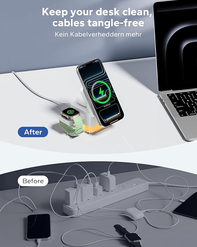 KPON for iPhone Nightstand Charging Station,15W 3 in 1 Wireless Phone Charger Stand with Night Lamp, Travel Foldable Magnetic Cube Magsafe Dock for iPhone 17 16 15 14 13 12 Series/Apple Watch/Airpods