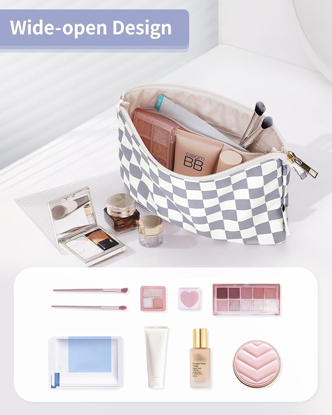 Narwey Small Checkered Makeup Bag for Purse Small Cosmetic Bag Women Travel Makeup Pouch Zipper Pouch (Grayish Blue Checkerboard)
