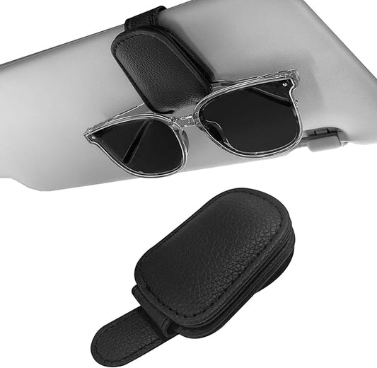 Sunglass Holder for Car Visor, Magnetic Leather Sunglasses Holder and Ticket Card Clip for Car