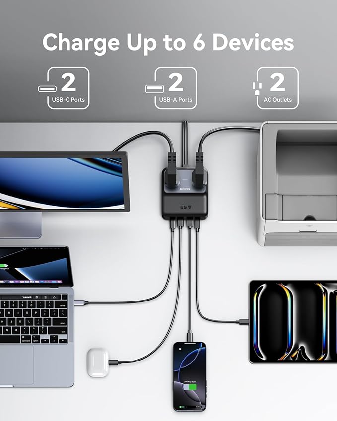 Charging Station, 65W Max 6-in-1 USB C Power Strip for iPhone 17/16 and MacBook, Flat Plug and 5ft Thin Undetachable Extension Cord,2 AC,2 USB-A,2 USB-C,Fast Charging Desktop Charger for Home & Office