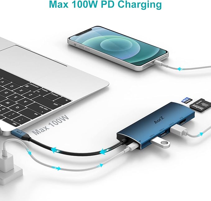 USB C Hub, USB Hub to HDMI Multiport AorZ USB c Dongle Adapter 7 in 1 with 4K HDMI Output,3 USB 3.0 Ports,SD/Micro SD Card Reader,100W PD, Compatible with Macbook,XPS and More Type C Device(Deep Blue)