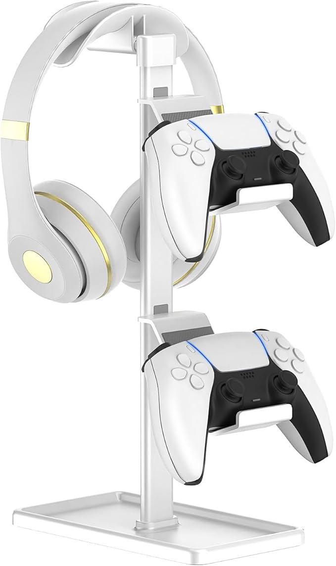 Controller Holder, Headphone Stand, Gaming Controller Stand for Xbox PS5 PS4 Switch, Headset Holder with Storage Organizer, Universal Desk Game Accessories (White)