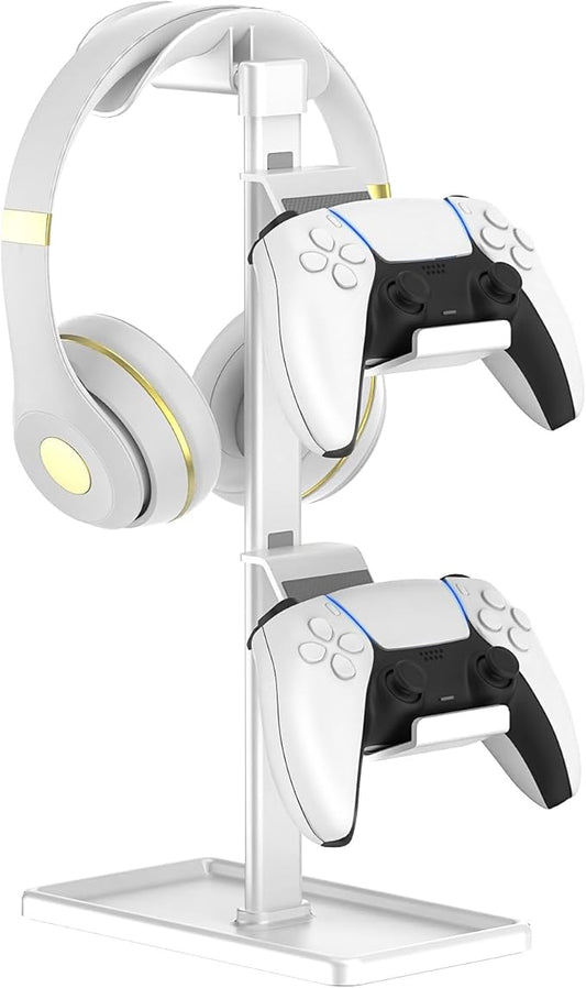 Controller Holder, Headphone Stand, Gaming Controller Stand for Xbox PS5 PS4 Switch, Headset Holder with Storage Organizer, Universal Desk Game Accessories (White)