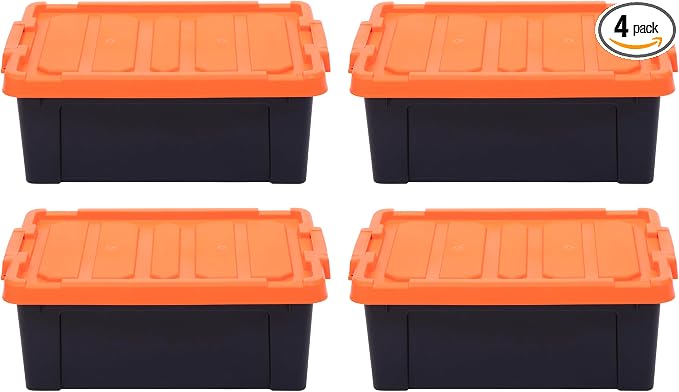 IRIS USA 4 Pack 12 Gallon Lockable Storage Bins, Heavy Duty Stackable Containers with Lids for Garage Organization or Moving, Black/Orange
