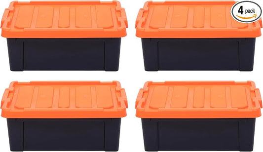 IRIS USA 4 Pack 12 Gallon Lockable Storage Bins, Heavy Duty Stackable Containers with Lids for Garage Organization or Moving, Black/Orange