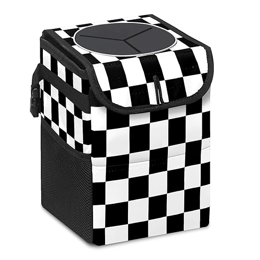 Car Trash Can Black and White Checkered Auto Garbage Bag Car Trash Can with Lid Leak-Proof Car Storage Bag Auto Garbage Bag Hanging for Headrest Collapsible and Portable with Storage Mesh Pocket
