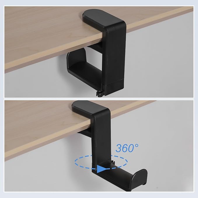 HARFINGTON Headphone Stand Holder 360 Degree Adjustable Clamp Desk Hook Clamp 0.39"-1.65" Clamping Range PC Gaming Headset Stand for Headphone Earphone, Black