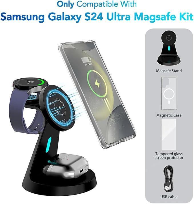 for Samsung Galaxy S24Ultra Dedicated Magnetic Charging Kit，3 in 1 Charging Station Compatible with MagSafe Samsung Charger for Watch Charger Stand for Galaxy Watch Ultra 8 7, for Buds