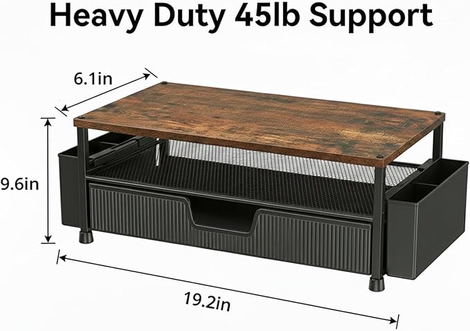 ECOLOVI Desk Organizer and Accessories, 2-Tier Computer Monitor Stand Rise with Storage Drawer & 2 Pen Holders, Laptop & Printer Stand for Desktop, Workspace Organizers for Office Supplies (Brown)