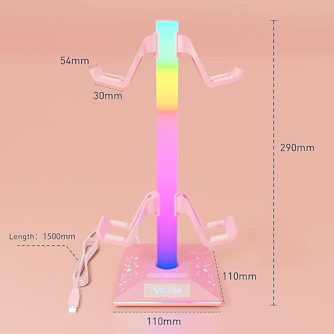 VCOM RGB Gaming Headphones Stand with 2 USB Ports, Pink Headset Stand with 10 Light Modes and Non-Slip Rubber, Suitable for PC Desk Accessories Gamers Gift(Pink)