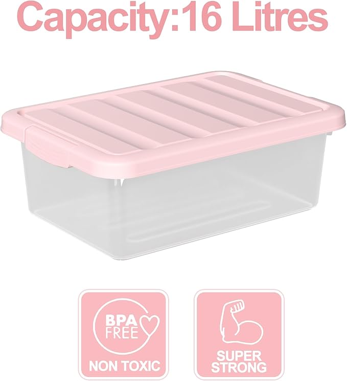 Set of 2 Clear Plastic Storage Organizer Bins with Pink Lids, 14 Quart, Versatile Organizer Container Boxes for Home, Office, and Garage