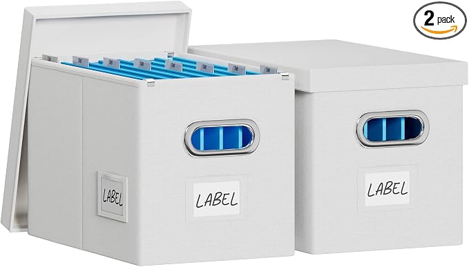 FHSQX File Box with Lid-File Organizer Box Set of 2 Portable Hanging File Box-Decorative Filing Storage Boxes for Office & Home File Cabinet (White, 14 x 9.3 x 10.9 in (2Pack))
