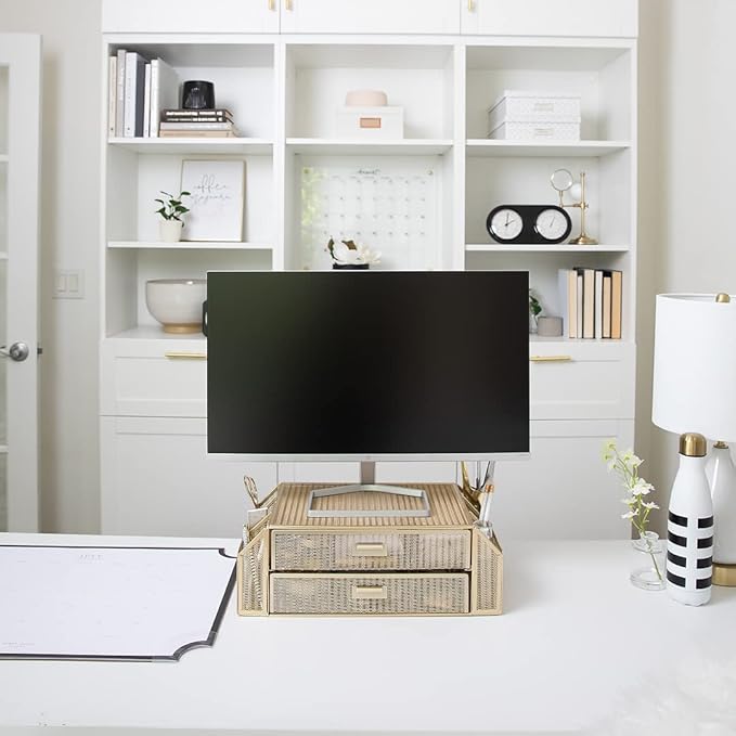 BLU MONACO | Monitor Stand with Drawer Storage | Desk Top Monitor Stand Riser Gold | Computer Support Organizer Elevador de Monitor