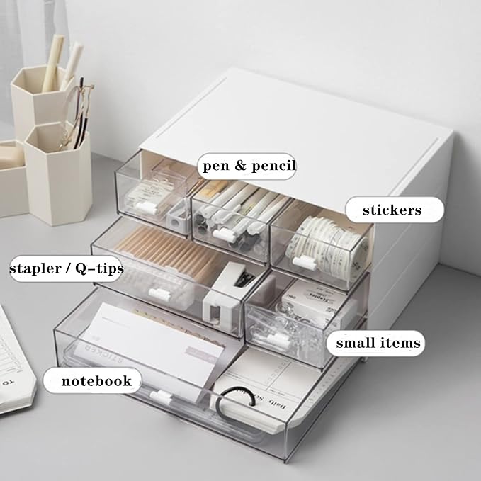 Lyellfe 3 Tier Small Desk Organizer with 6 Drawer, Stackable Desktop Storage Box, Portable Size Office Supplies Jewelry Storage Case, Makeup and Stationary Organizer for Cosmetic, School Supply