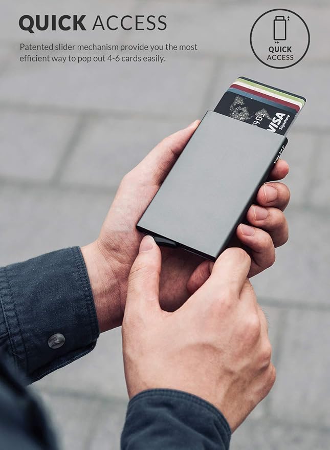 VULKIT Pop Up Wallet, Slim Minimalist Credit Card Holder For Men and Women RFID Blocking Mini Metal Case Space Grey