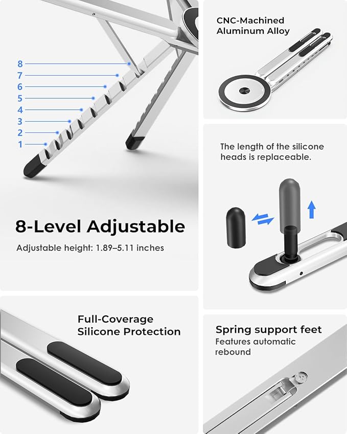 Viozon Portable Laptop Stand for Desk, Foldable Adjustable Computer Riser with Magnetic Phone Holder, Aluminum Laptop Stand for 10–16” Laptops & 4–13” Phones/Tablets (Silver)