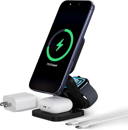 KU XIU X55 Turbo Qi 2.2 25W 3-in-1 Charging Station for Apple Device, Foldable Magnetic Charger for iPhone 17/16, 5W for Apple Watch & AirPods, Fast Travel Wireless Charging Stand with 45W Adapter