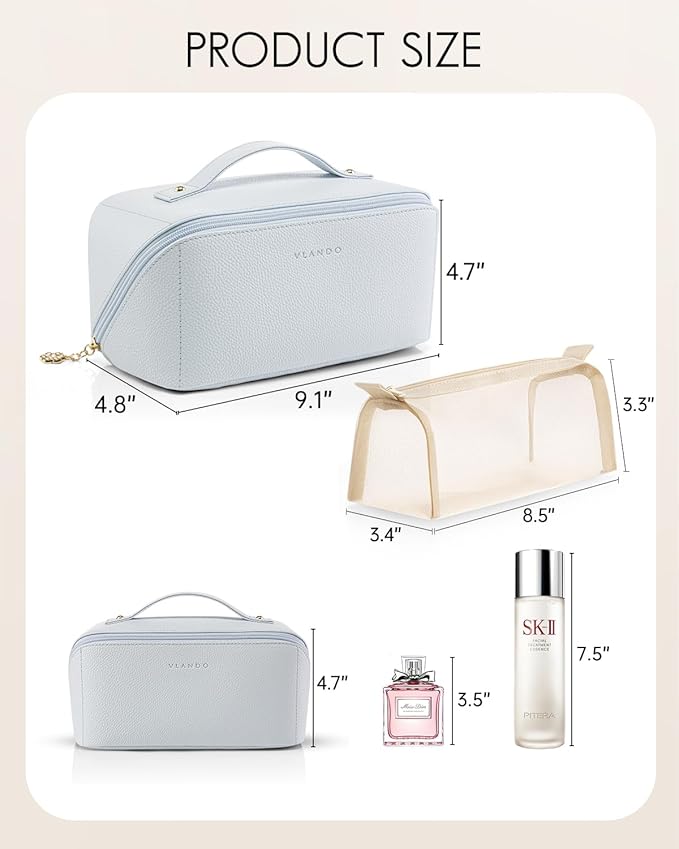 VLANDO Makeup Bag,Travel Toiletry Bag,Cosmetic Bag for Women PU Leather Portable Make up Bag for Skincare, Brushes & Travel Essentials-Baby Blue